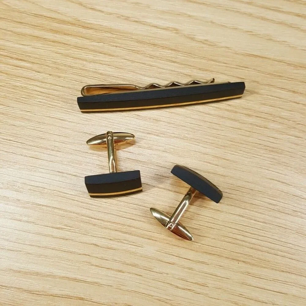 RHONA SUTTON Mens Black Gold Stainless Steel Stripe Cuff Links + Tie Bar